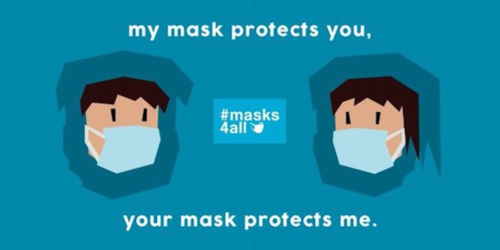 Image of two people wearing masks. Text: My mask protects you, your mask protects me. #Masks4all