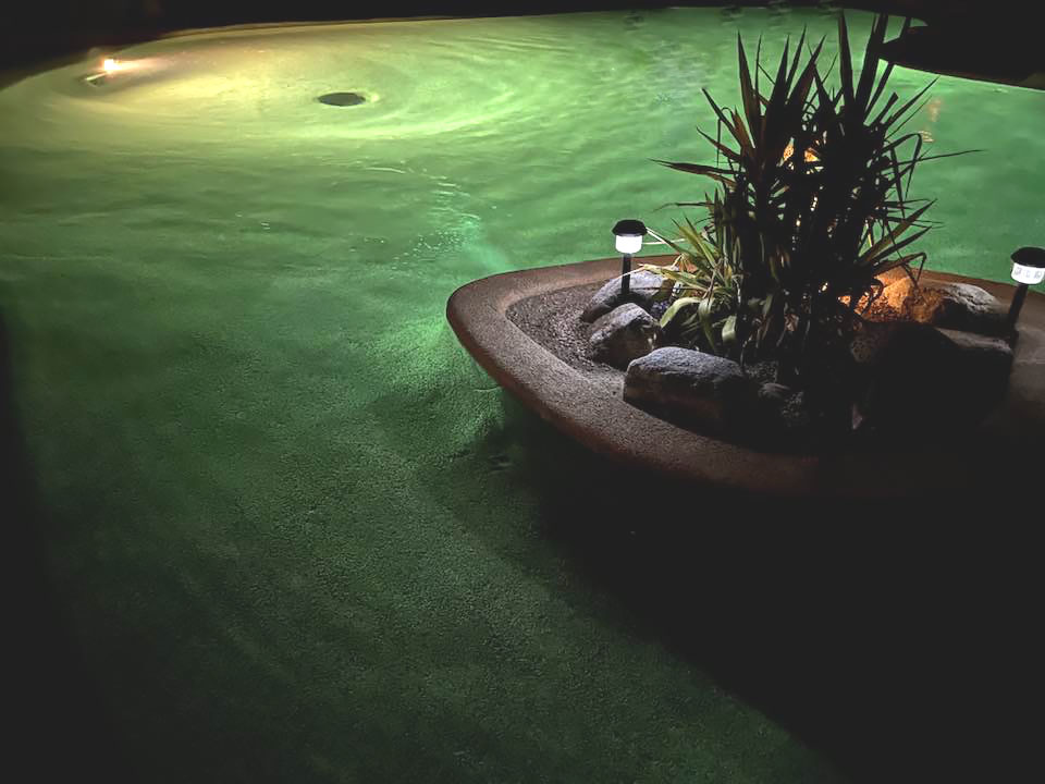 Image of our pond pool at night with crystal clear water and a small island inside the pool.